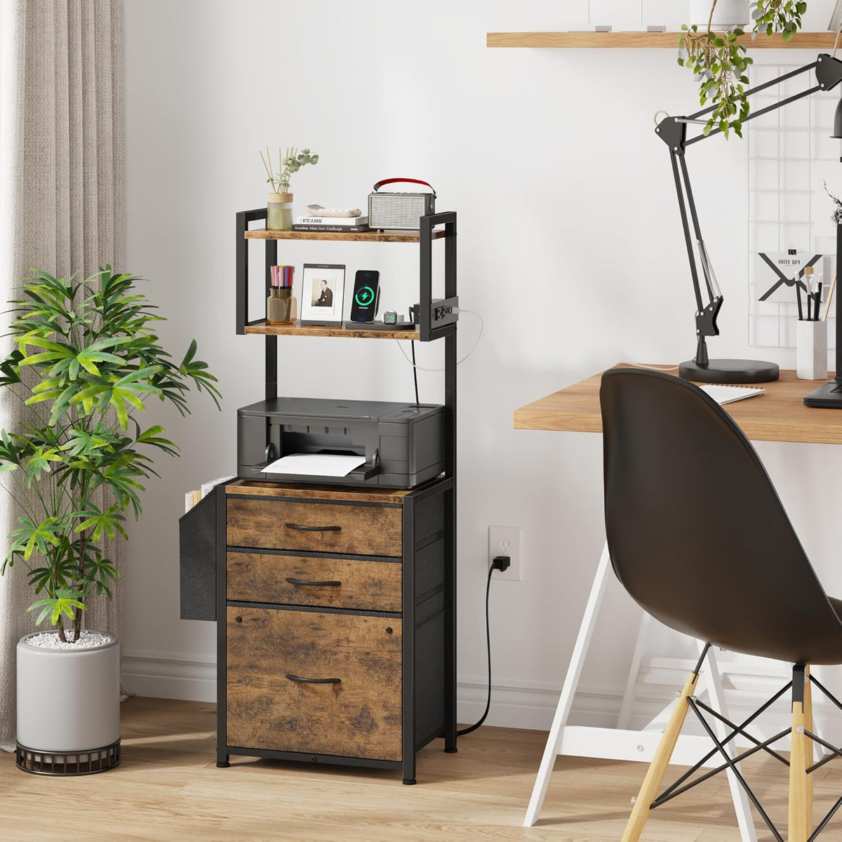 Small 3 Drawer File Cabinet with Charging Station, 45''H, 3-Tier Filing Cabinet for Home Office, 11''*16'' for Small Printer, Fabric Drawer Fits
