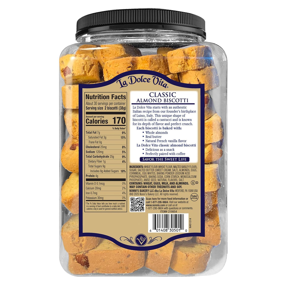 La Dolce Vita Classic Almond Italian Biscotti Cookies, Gourmet Coffee & Tea Dipping Snack, 40 oz Jar