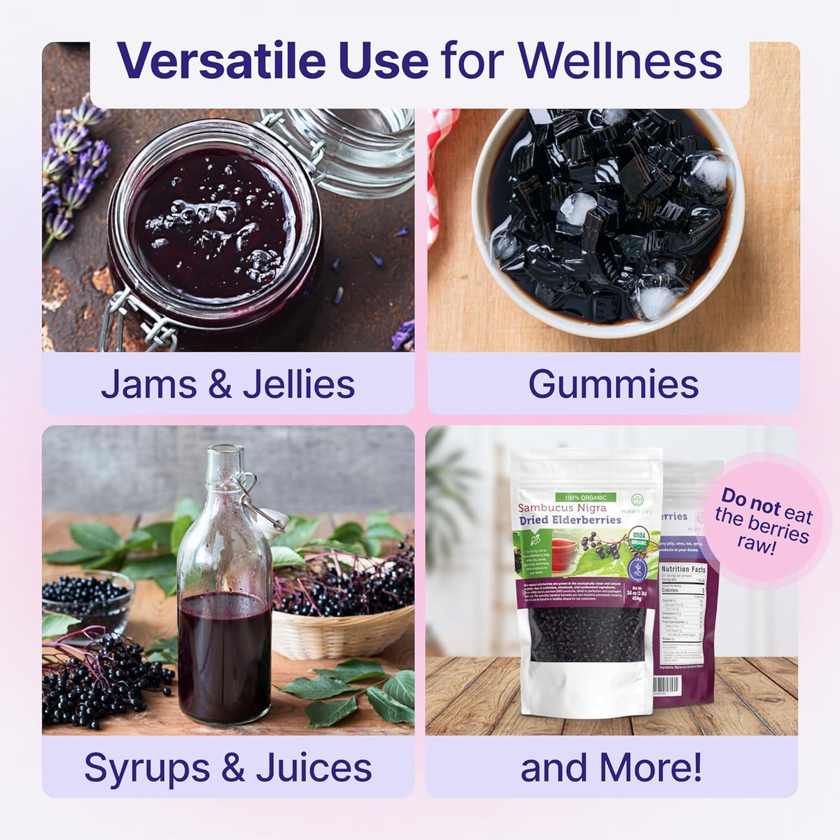 Certified USDA - 100% Organic Dried Elderberries - 1lb Bulk - Non-Irradiated, Non-Gmo, Whole Black Elderberry Immune Support For Making Elder Syrup