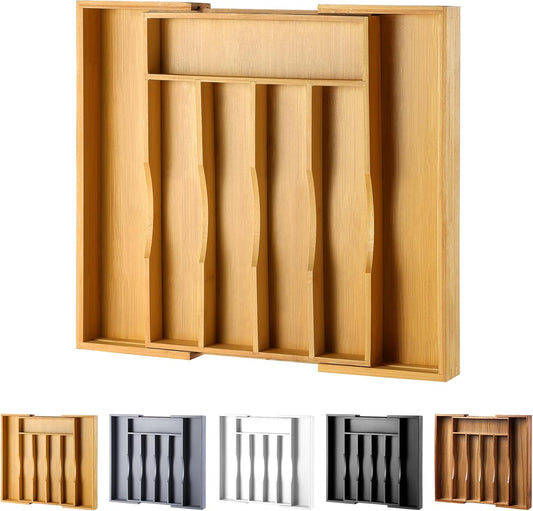 Expandable Bamboo Kitchen Drawer Organizer for Cutlery and Utensils, Adjustable Bamboo Wood Cutlery Tray in Drawer for Flatware and Silverware in