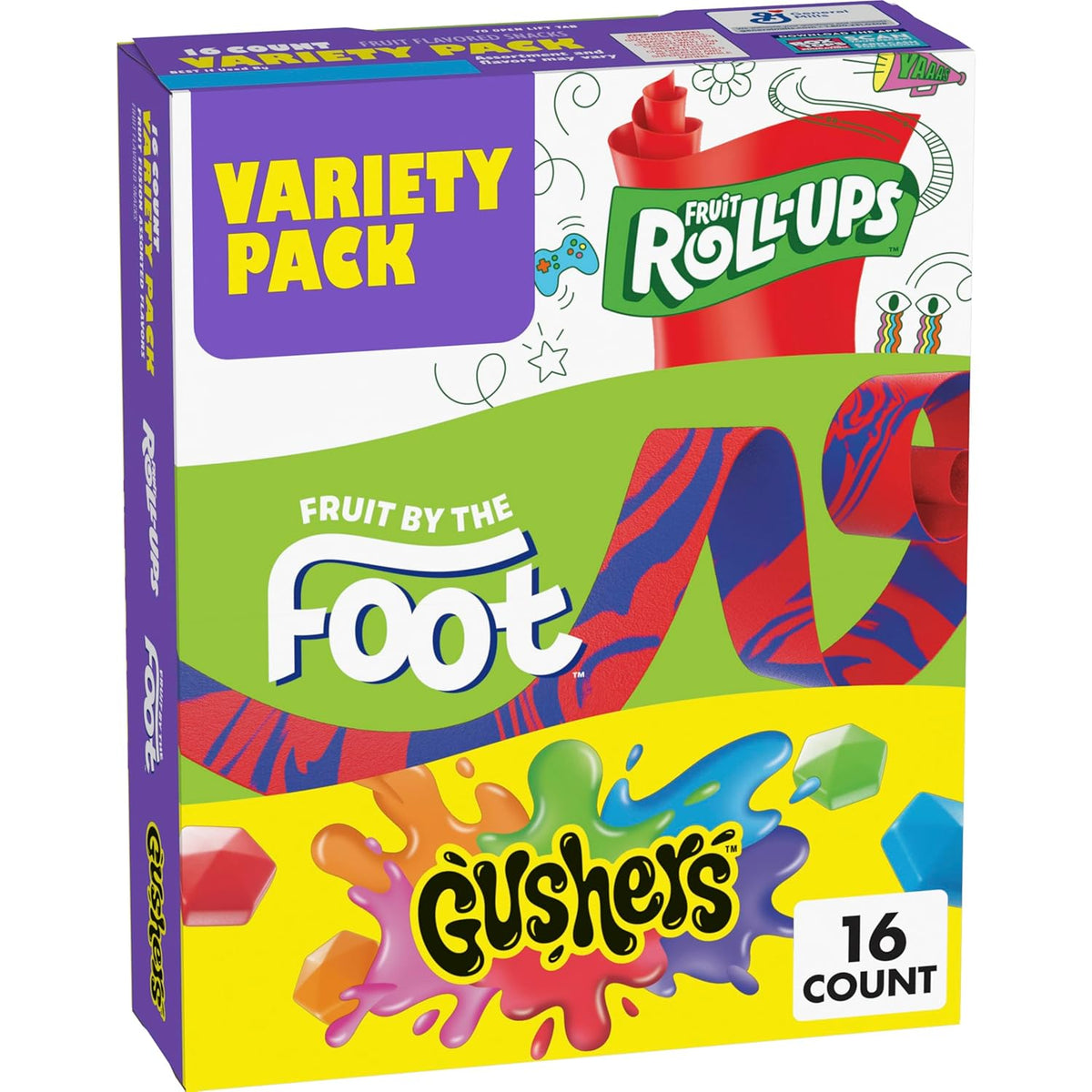 Fruit by the Foot Snacks Variety Pack - Fruit Roll-Ups, Gushers, Gluten Free Gummy Kids Snack, Good Source of Vitamin C, 16 Individually Wrapped