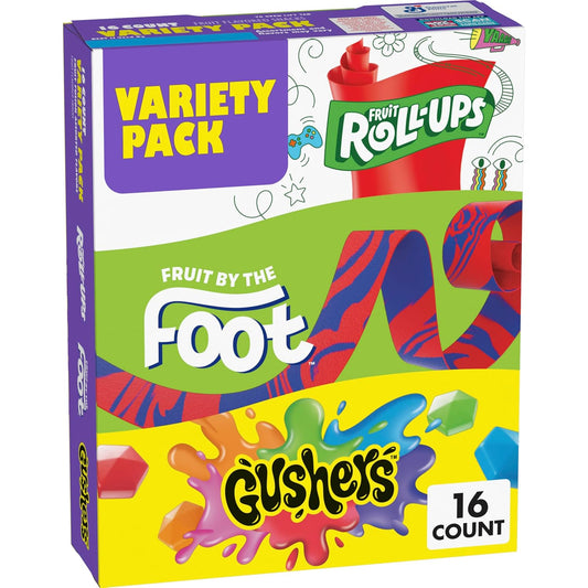 Fruit by the Foot Snacks Variety Pack - Fruit Roll-Ups, Gushers, Gluten Free Gummy Kids Snack, Good Source of Vitamin C, 16 Individually Wrapped