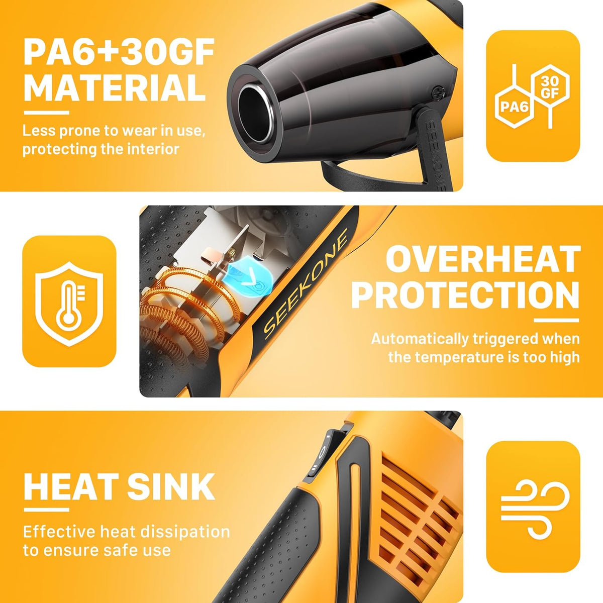 SEEKONE Mini Heat Gun, 350W 2-Temp Settings 500℉ & 842℉（260℃& 450℃） Fast Heat Hot Air Gun Tool with Reflector Nozzle and 4.9Ft Long Cable Overload