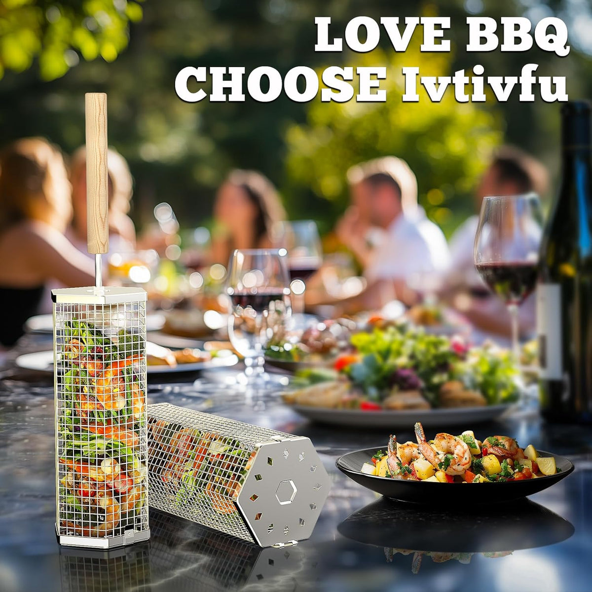 Rolling Grill Basket, Removable Wooden Handle, 304 Stainless Steel, Nesting Grilling Tools, Smoker BBQ Accessories for Vegetable, Outdoor Cooking