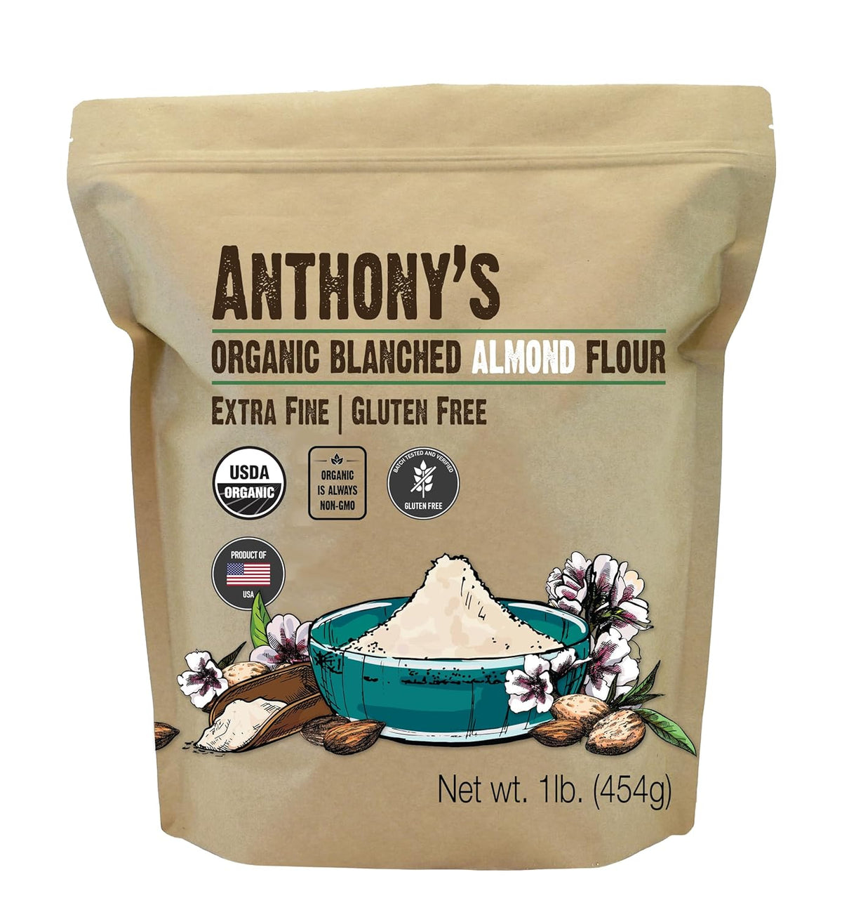 Anthony's Organic Almond Flour, 1 lb, Blanched, Gluten Free, Non GMO, Keto Friendly, Extra Fine, Low Carb