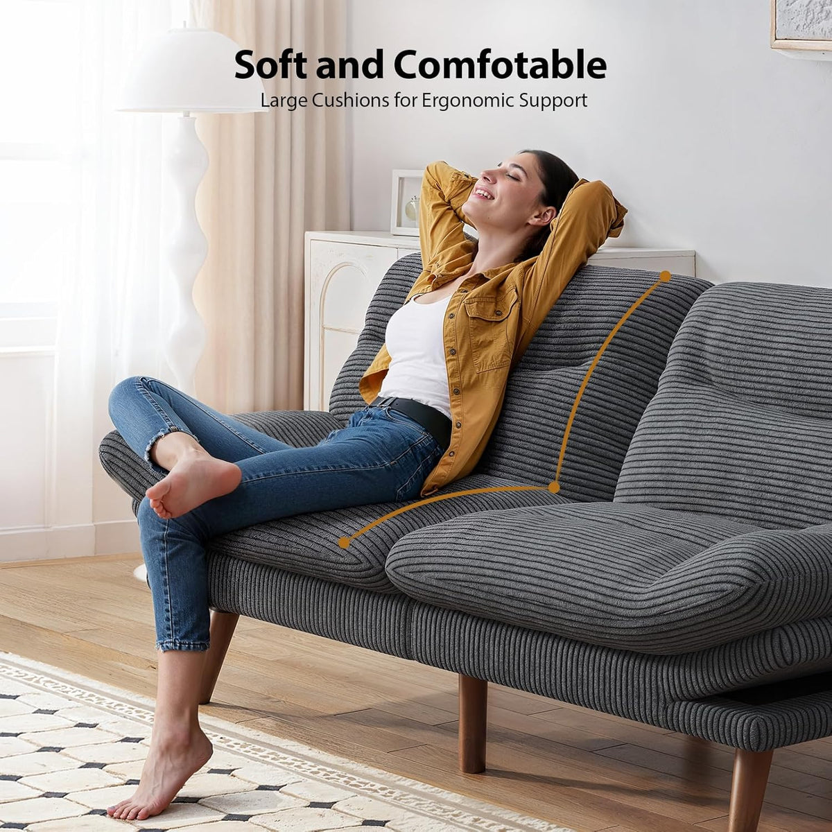 Pipishell Convertible Futon Sofa Bed,66" Corduroy Futon Couch with Adjustable Backrest and Armrests, Recliner Sleeper Sofa for Small Spaces, Play
