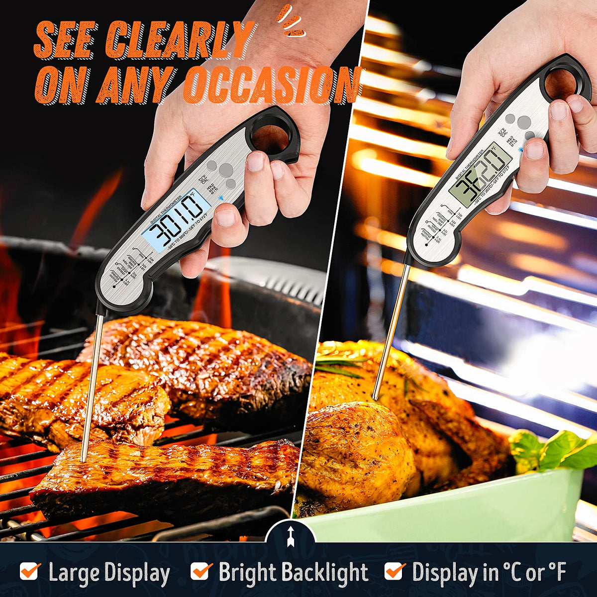 Digital Meat Thermometer, Waterproof Instant Read Food Thermometer for Cooking and Grilling, Kitchen Gadgets, Accessories with Backlight