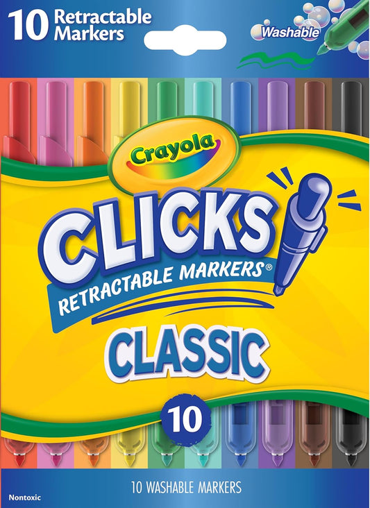 Crayola Clicks Retractable Tip Markers (10ct), Stocking Stuffers for Kids & Toddlers, Cone Tip Washable Art Marker Set, Coloring Book Supplies, No