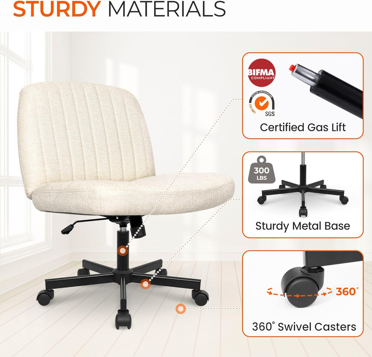 Orange Factory Criss Cross Chair Wheels Wide Cross Legged Office Desk Vanity Chair Comfy Fabric Armless Adjustable Swivel for Home Computer Task