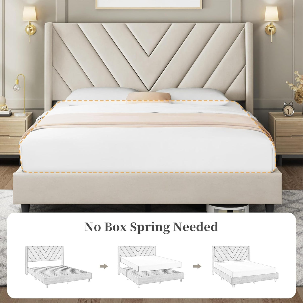 Yaheetech Queen Bed Frame Upholstered Platform Bed with Wing Side/Wooden Slat Support/Tufted Headboard with Wing Side/Mattress Foundation/No Box