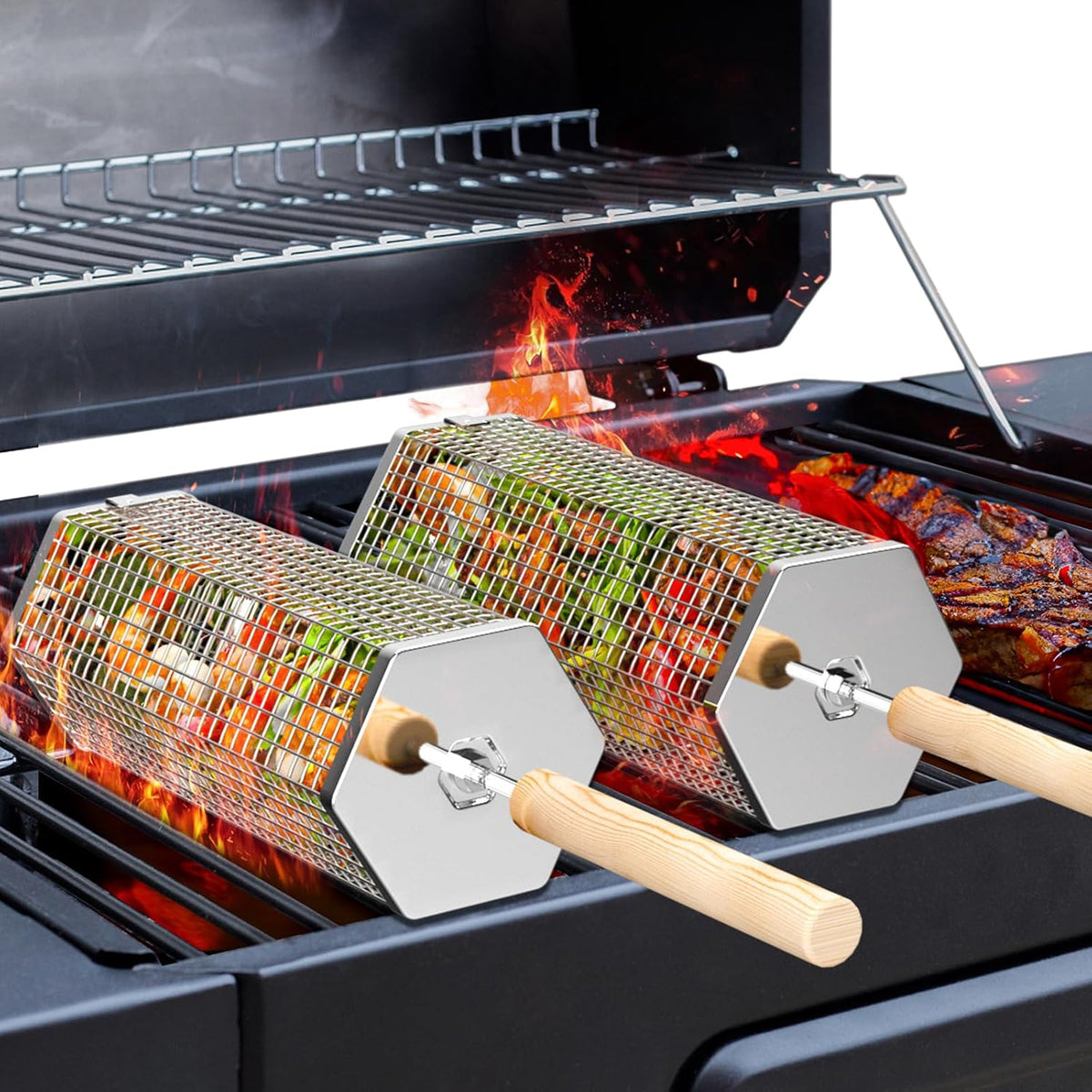 Rolling Grill Basket, Removable Wooden Handle, 304 Stainless Steel, Nesting Grilling Tools, Smoker BBQ Accessories for Vegetable, Outdoor Cooking