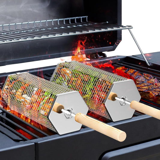Rolling Grill Basket, Removable Wooden Handle, 304 Stainless Steel, Nesting Grilling Tools, Smoker BBQ Accessories for Vegetable, Outdoor Cooking