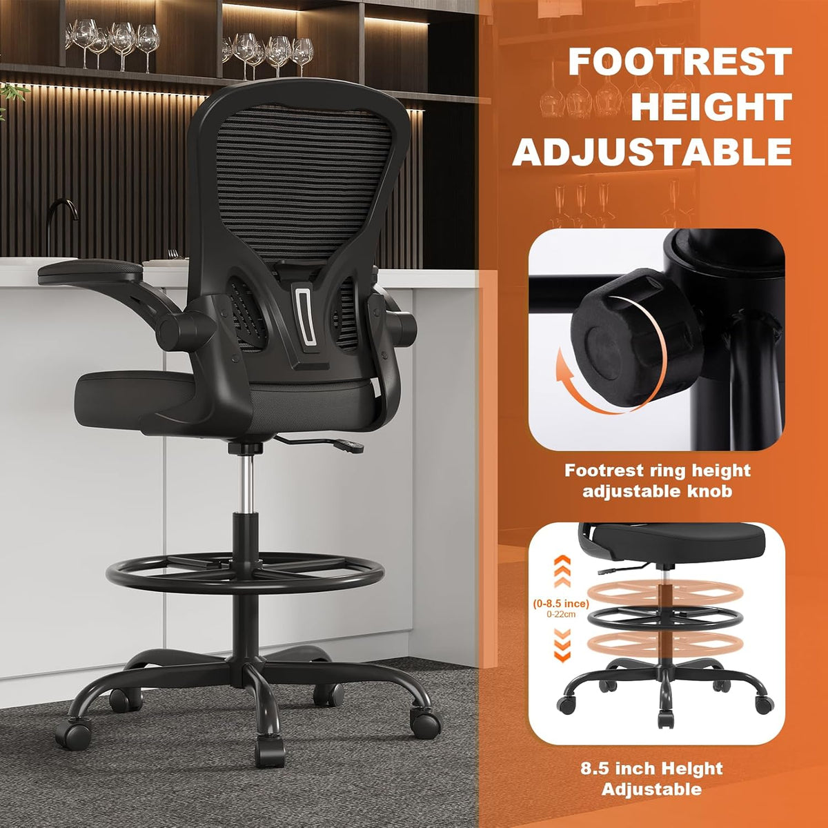Ergonomic Drafting Chair, Tall Office Chair with Flip-up Armrests, Breathable Mesh High Desk Chair with Lumbar Support Adjustable Footrest Ring for