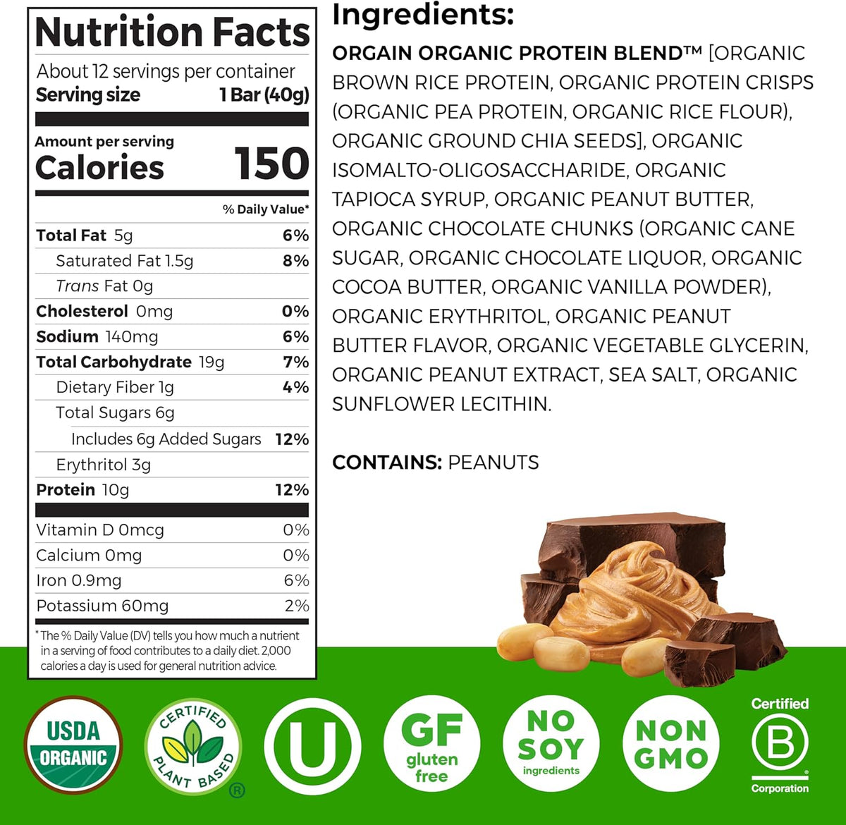 Orgain Organic Vegan Protein Bars, Peanut Butter Chocolate Chunk - 10g Plant Based Protein, Low Calorie Healthy Snacks, No Lactose or Soy
