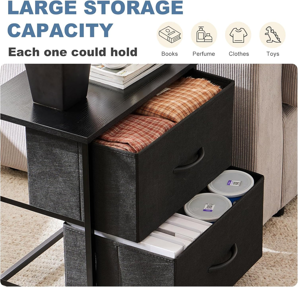 DUMOS Nightstand Small Dresser with 2 Fabric Drawers Side Tables Bedroom End Table Bedside Storage Furniture for 20 inch Tall Night Stand for