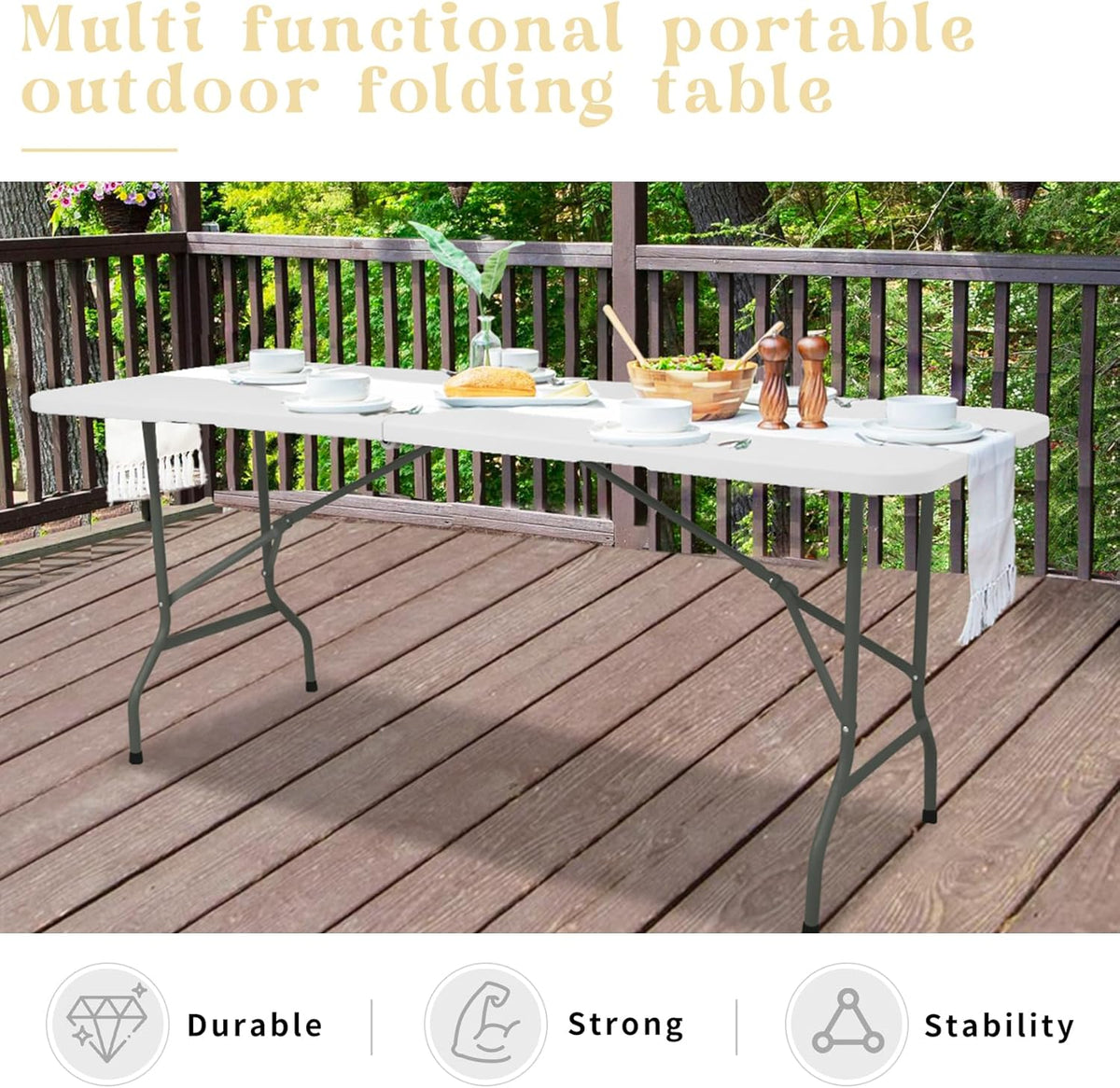 Set of 2 Folding Table 6 FT Lightweight Camping Table Portable Plastic Rectangular Outdoor Dining Table Steel Legs Fold-in-Half with Carrying Handle