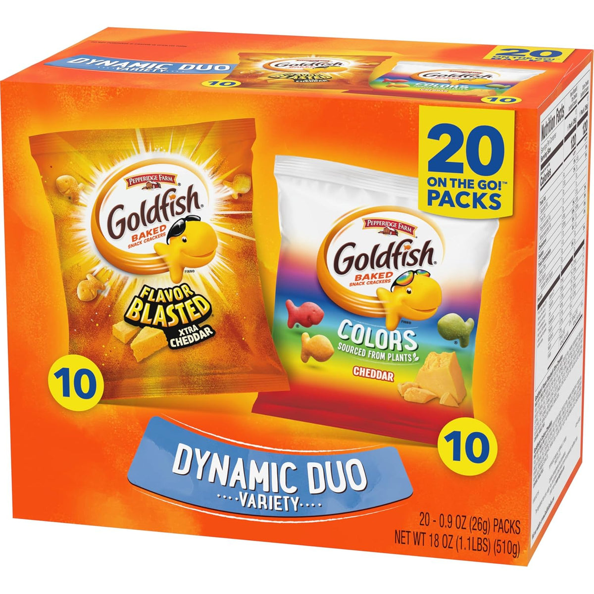 Goldfish Dynamic Duo Variety Pack, Colors Cheddar & Flavor Blasted Xtra Cheddar, Snack Packs, 20 Ct