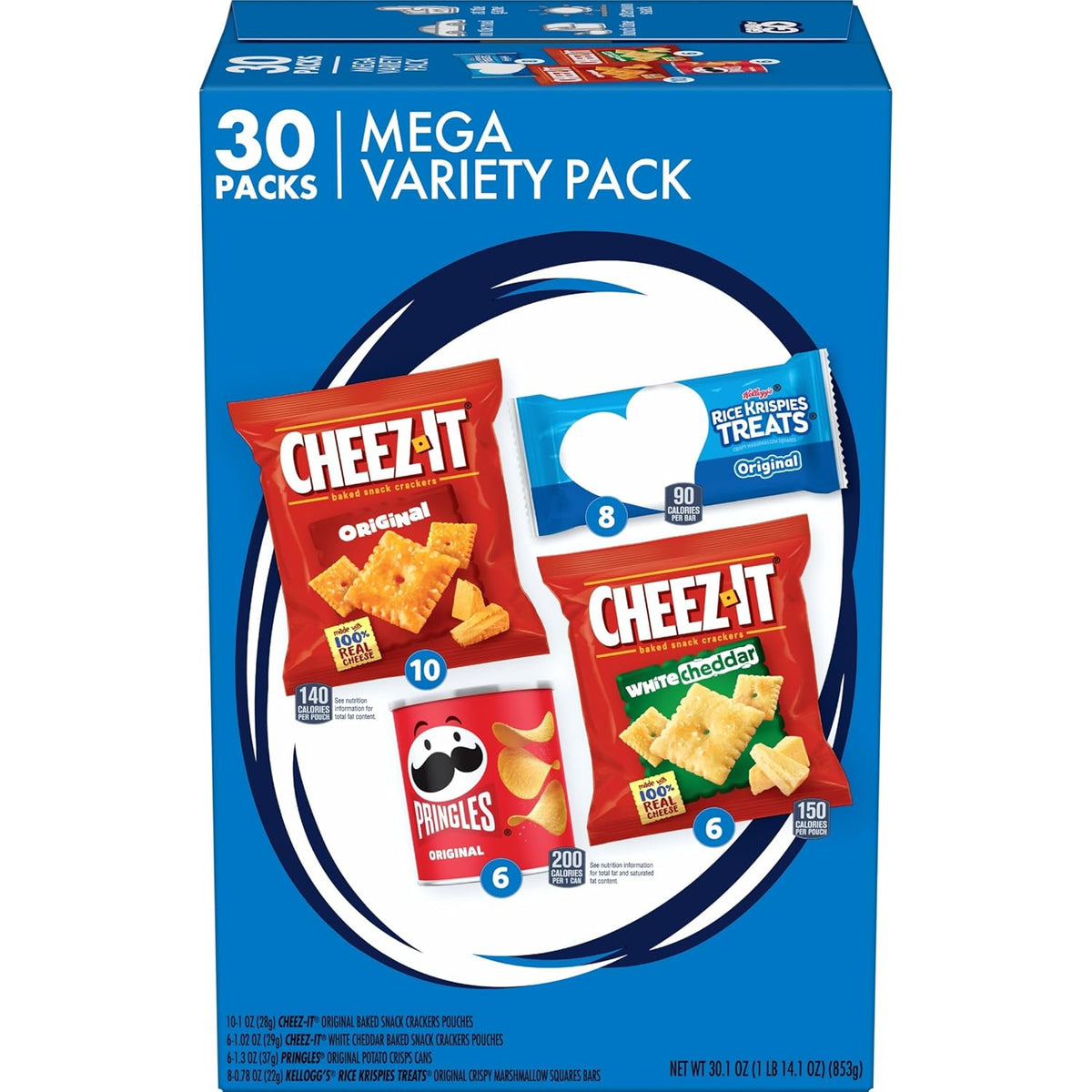 Kellogg's Cheez-It, Pringles & Rice Krispies Treats Snacks Mega Variety Pack, 30.1oz Box (30 Count)