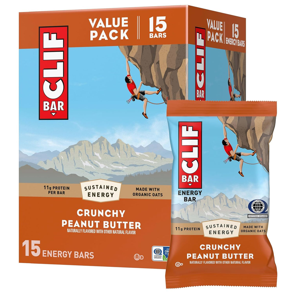 CLIF BAR - Energy Protein Bars - Crunchy Peanut Butter - Made with Organic Oats - Energy Bars - Non-GMO - (15 Pack)