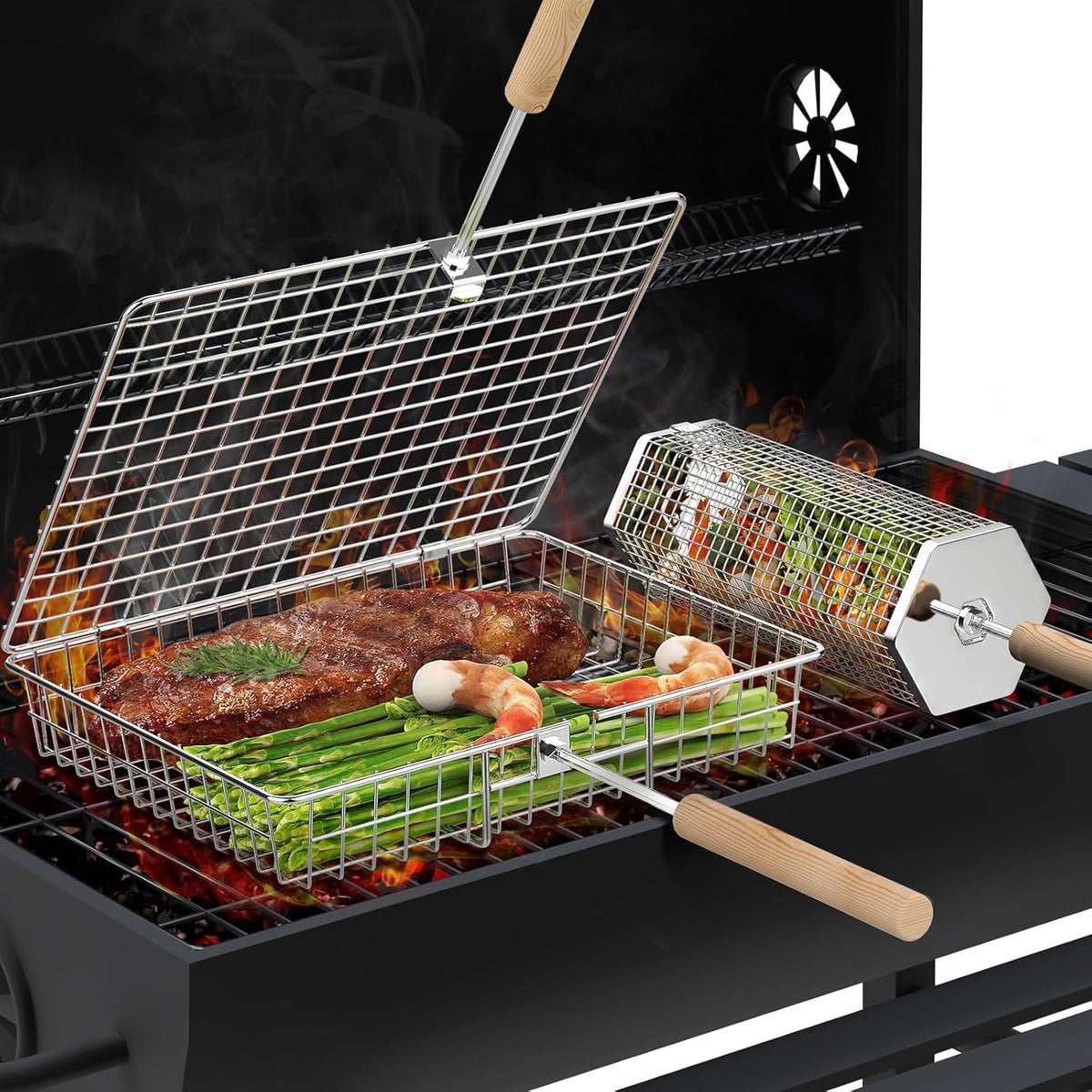 Grill Basket Set, Removable Wooden Handle, 304 Stainless Steel, Rolling BBQ Tools, Smoker Grilling Accessories for Vegetable Fish, Outdoor Cooking