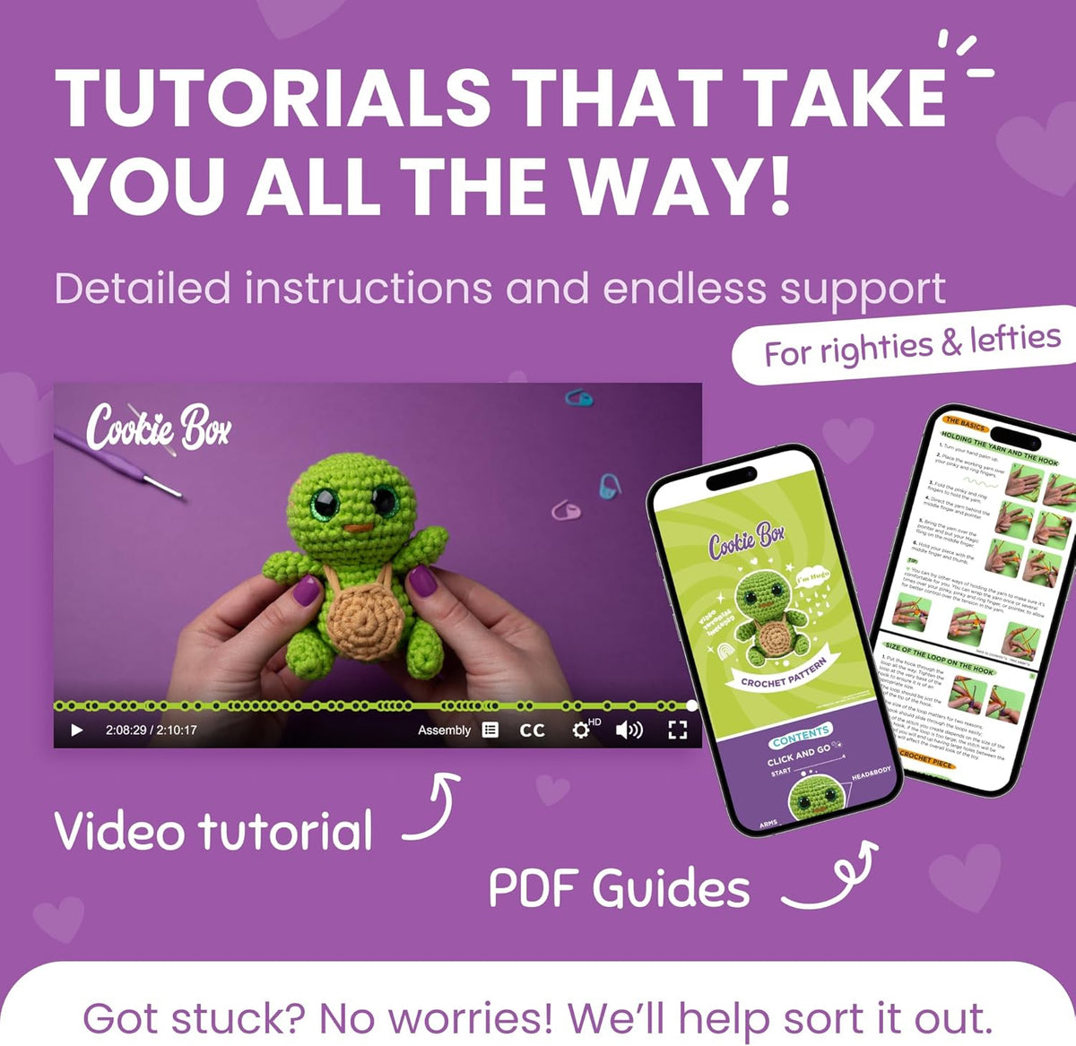 Cookie Box Crochet Kit for Beginners – Gift Set to Make Turtle Hugo Amigurumi Plushie – Easy DIY Crochet & Knitting Starter Kit with Video and PDF