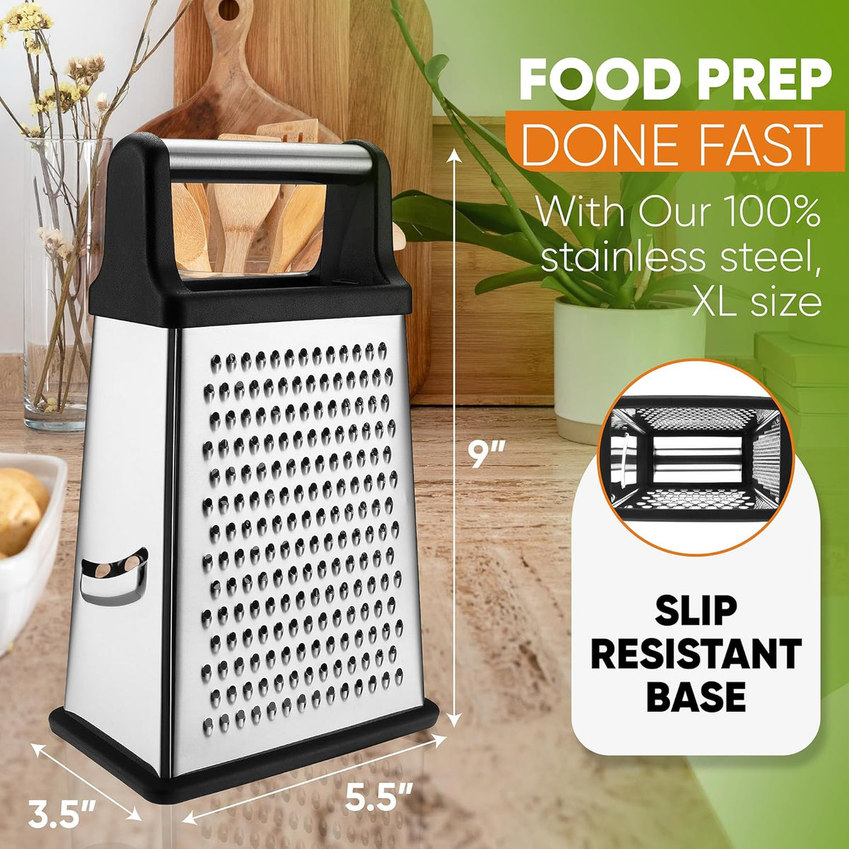 Spring Chef Professional Cheese Grater - Stainless Steel, XL Size, 4 Sides - Perfect Box Grater for Parmesan Cheese, Vegetables, Ginger - Dishwasher