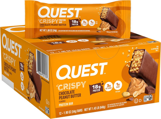 Quest Nutrition Crispy Chocolate Peanut Butter Hero Protein Bar, 18g Protein, 1g Sugar, 3g Net Carb, Gluten Free Protein Snack, Keto Friendly, 12