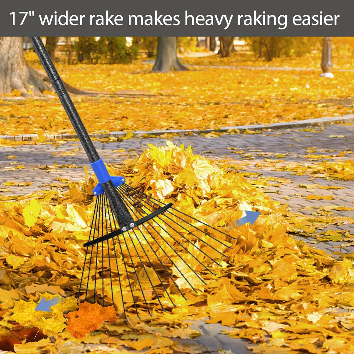 Adjustable Metal Leaf Rake Long Handle, Garden Rakes for Lawns Heavy Duty Leaves with Expandable Head 8-17", Yard Women Kids Rake for Gardening RV