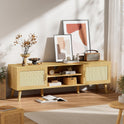 SUPERJARE Boho TV Stand for 65 Inch TV, Entertainment Center with Adjustable Shelf, Rattan TV Console with 2 Cabinets, Media Console, Solid Wood