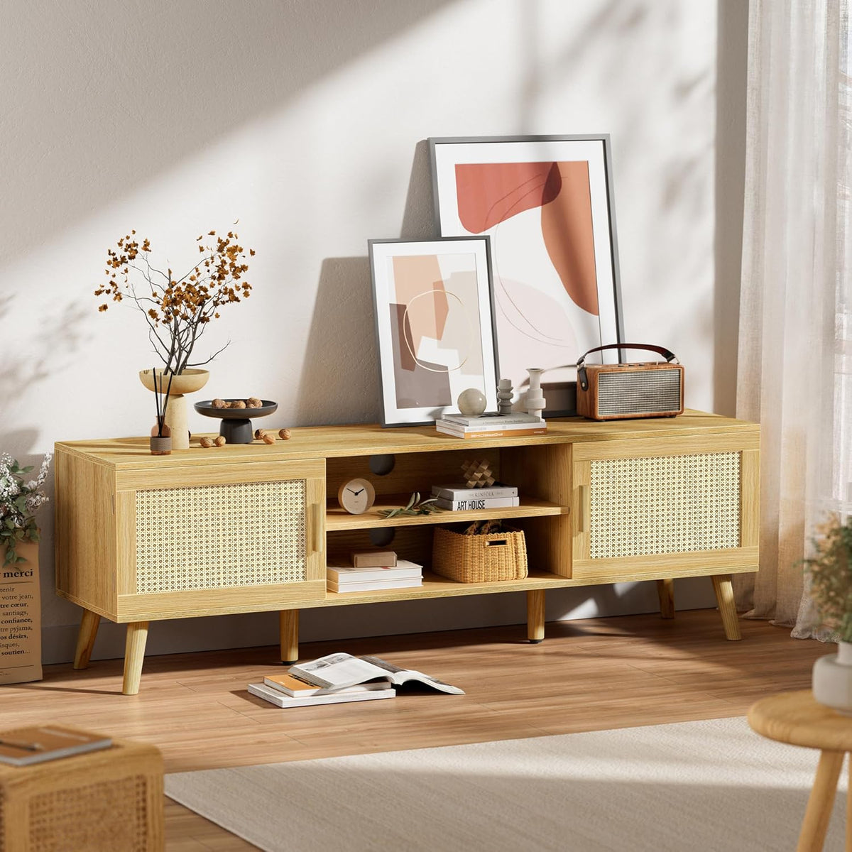 SUPERJARE Boho TV Stand for 65 Inch TV, Entertainment Center with Adjustable Shelf, Rattan TV Console with 2 Cabinets, Media Console, Solid Wood