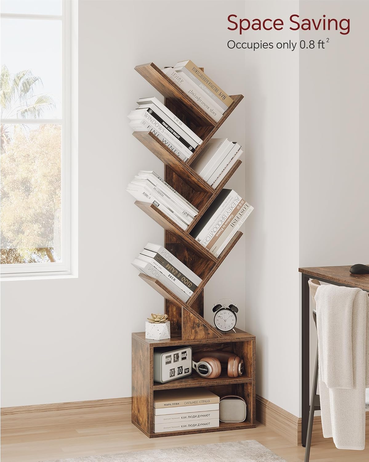 SUNMORY 6 Tier Tree Bookshelf, Small Bookcase with Storage Cabinet, Modern Tall Narrow Bookshelves Organizer, Floor Standing Book Shelf for