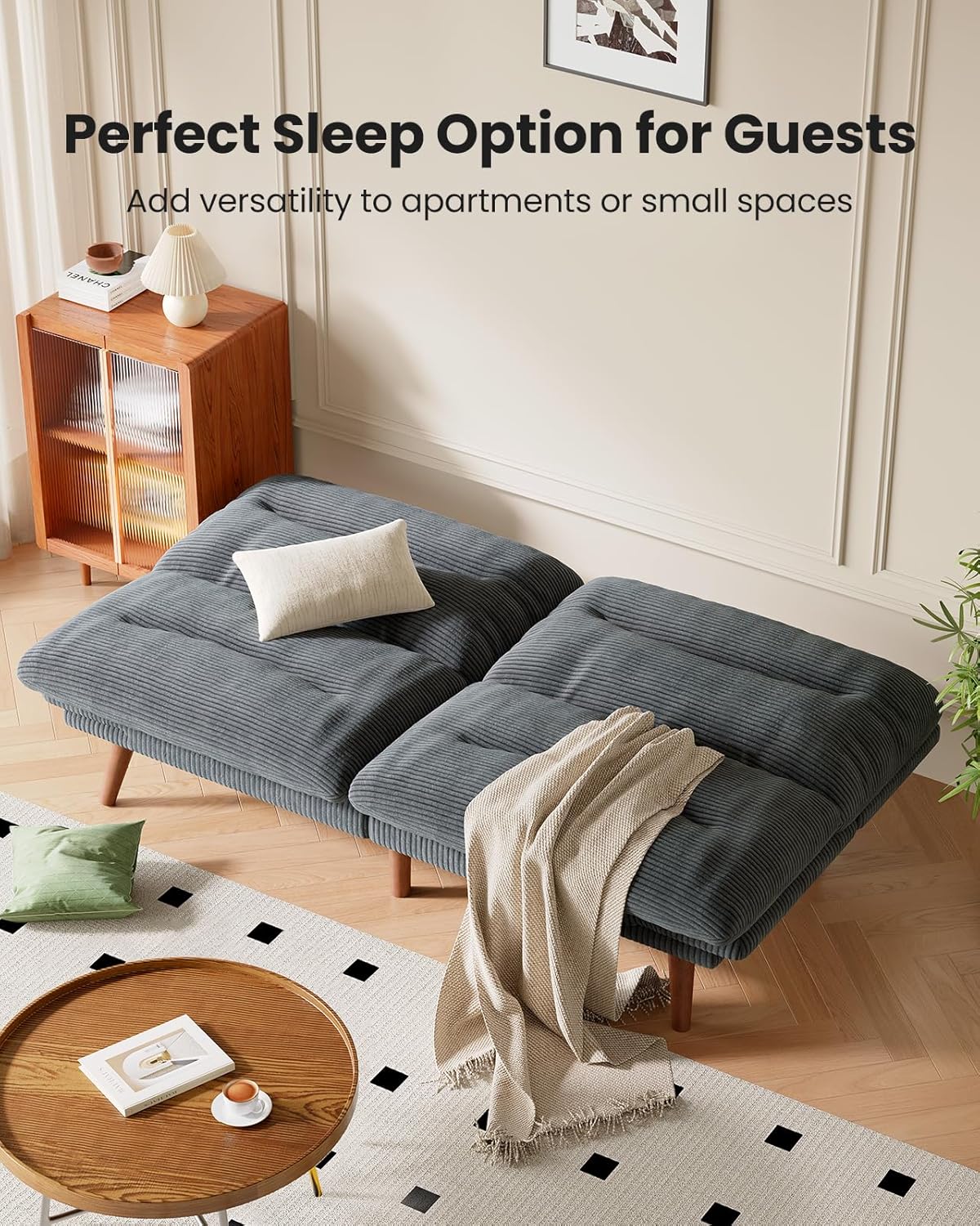 Pipishell Convertible Futon Sofa Bed,66" Corduroy Futon Couch with Adjustable Backrest and Armrests, Recliner Sleeper Sofa for Small Spaces, Play
