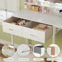Small Vanity Desk with Mirror and Lights, Makeup Vanity with Fabric Storage Drawer, Chair and Three Shelves, White Vanity with Power Outlet and