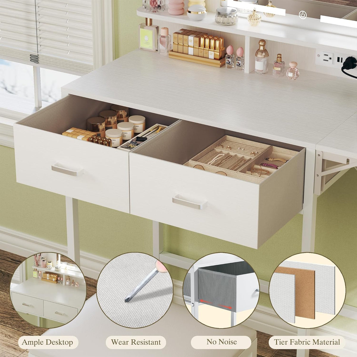 Small Vanity Desk with Mirror and Lights, Makeup Vanity with Fabric Storage Drawer, Chair and Three Shelves, White Vanity with Power Outlet and