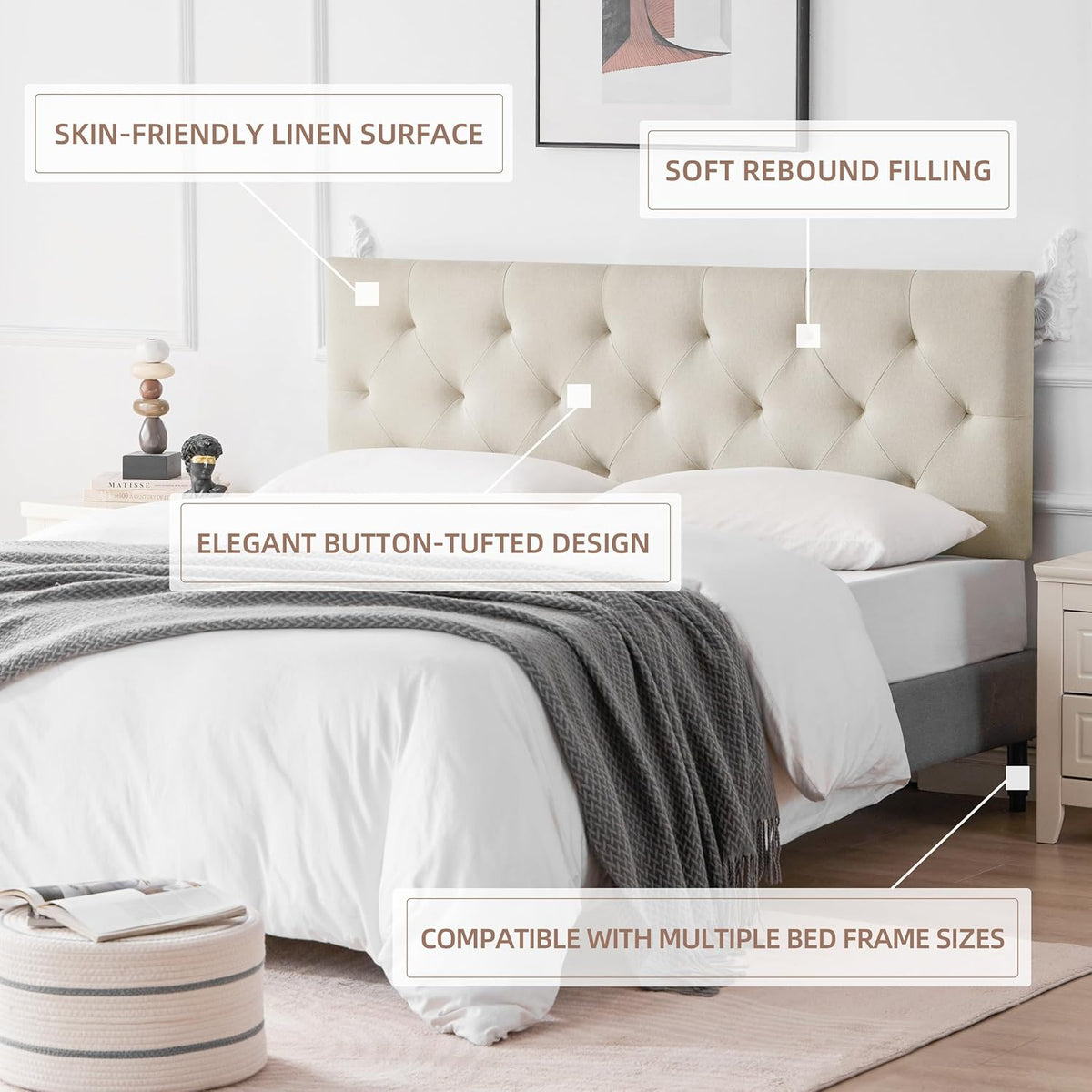 Linen Fabric Upholstered Headboard Queen Size, Modern Diamond Tufting Solid Wood Queen Headboard Only, Adjustable Height from 37” to 51” Head Board