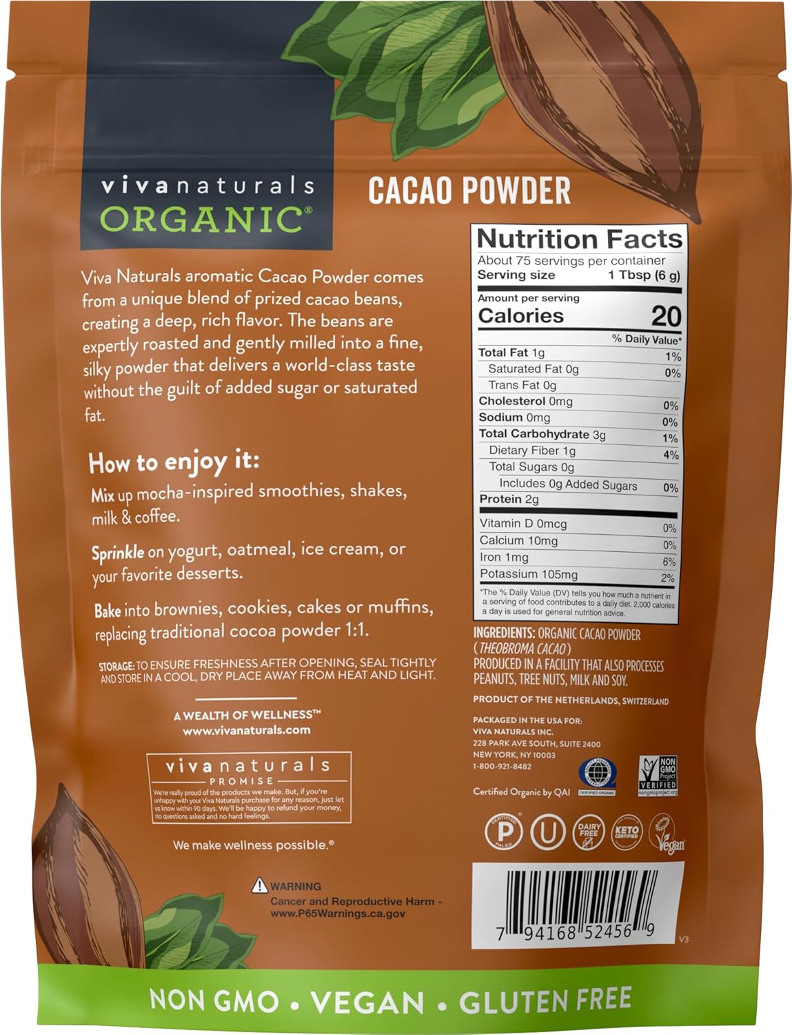 Organic Cacao Powder, Unsweetened, 1 lb (454 g) – Rich Dark Chocolate Flavor, Perfect for Baking, Smoothies & Hot Chocolate – Vegan, Keto, Paleo