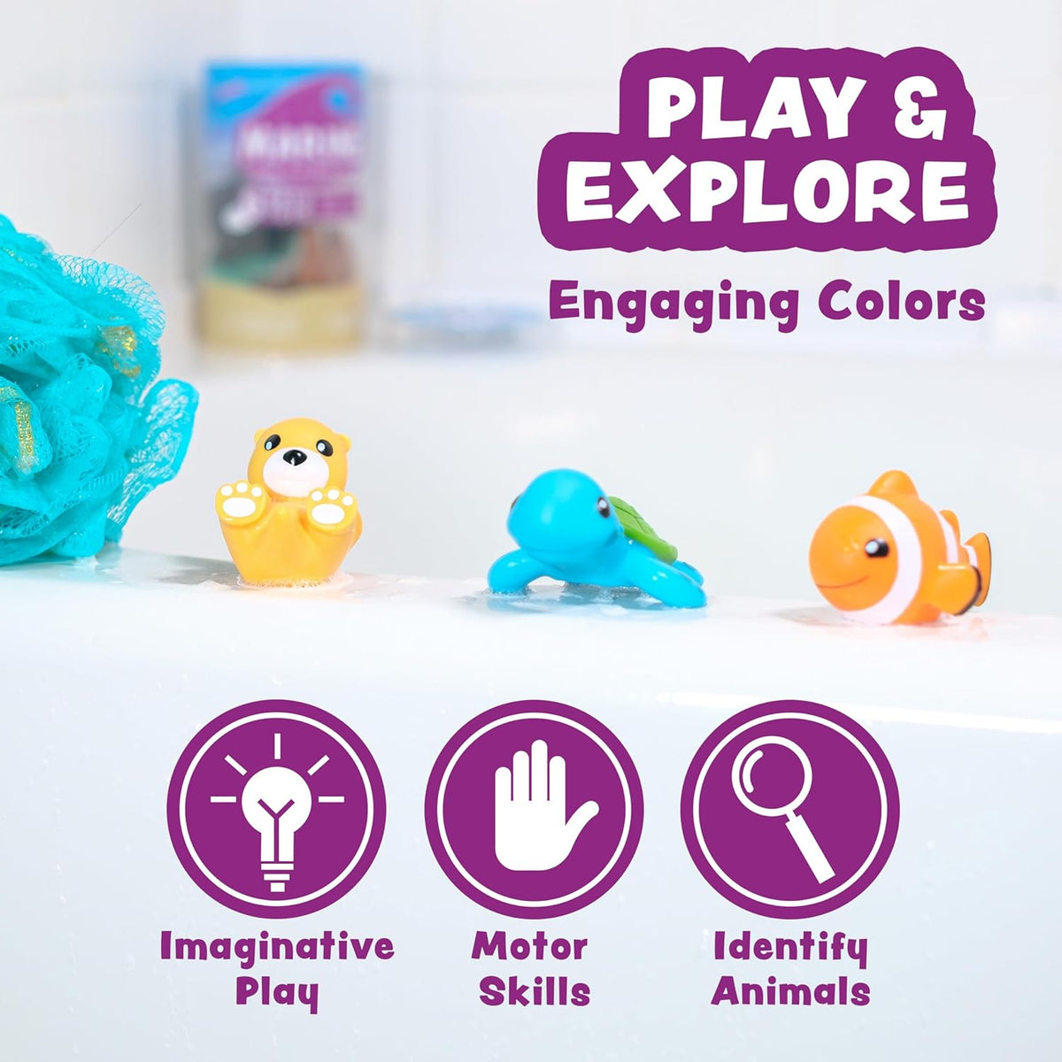 Tub Works® Marine™ Mold Free Bath Toys, 6 Pack | Sealed, No Hole Bath Toys Design Keeps Moisture Out | Soft, Squeezable & Float on Water | Easy-Grip