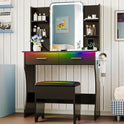 Vanity Desk with LED Lights Mirror & Power Outlet, Small Makeup Vanity Table Set with Storage Drawers & Chair, 3 Lighting Modes & Adjustable