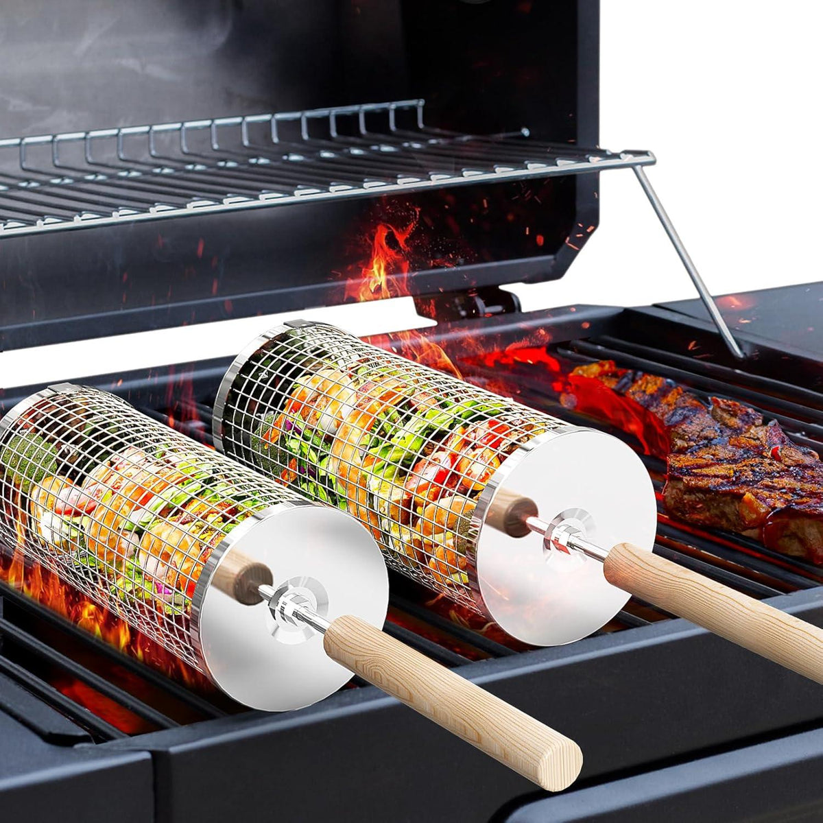 Nesting Grill Baskets (2PCS) with Removable Wooden Handle, Stainless Steel BBQ Tools - Cart Shape