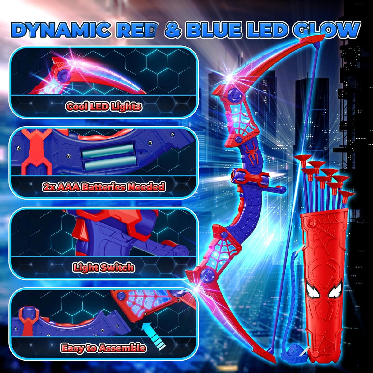 Spider Toys for Boys Age 3-4 4-6 6-8 8-12, Kids Toy BowArrow Shooting Set with Red & Blue LED Lights, Spider Quiver & Web Target, 8 Suction Cup