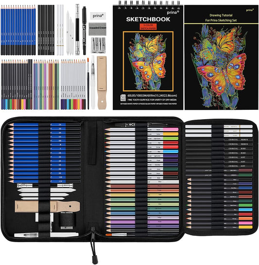 Prina 76 Pack Drawing Set Sketching Kit, Pro Art Supplies with 3-Color Sketchbook, Include Tutorial, Colored, Graphite, Charcoal, Watercolor