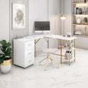 Techni Mobili L Shaped Desk - Two-Toned Computer Desk with Drawers & Storage Shelves - Simple Modern Furniture & Home Office Space Corner Table for