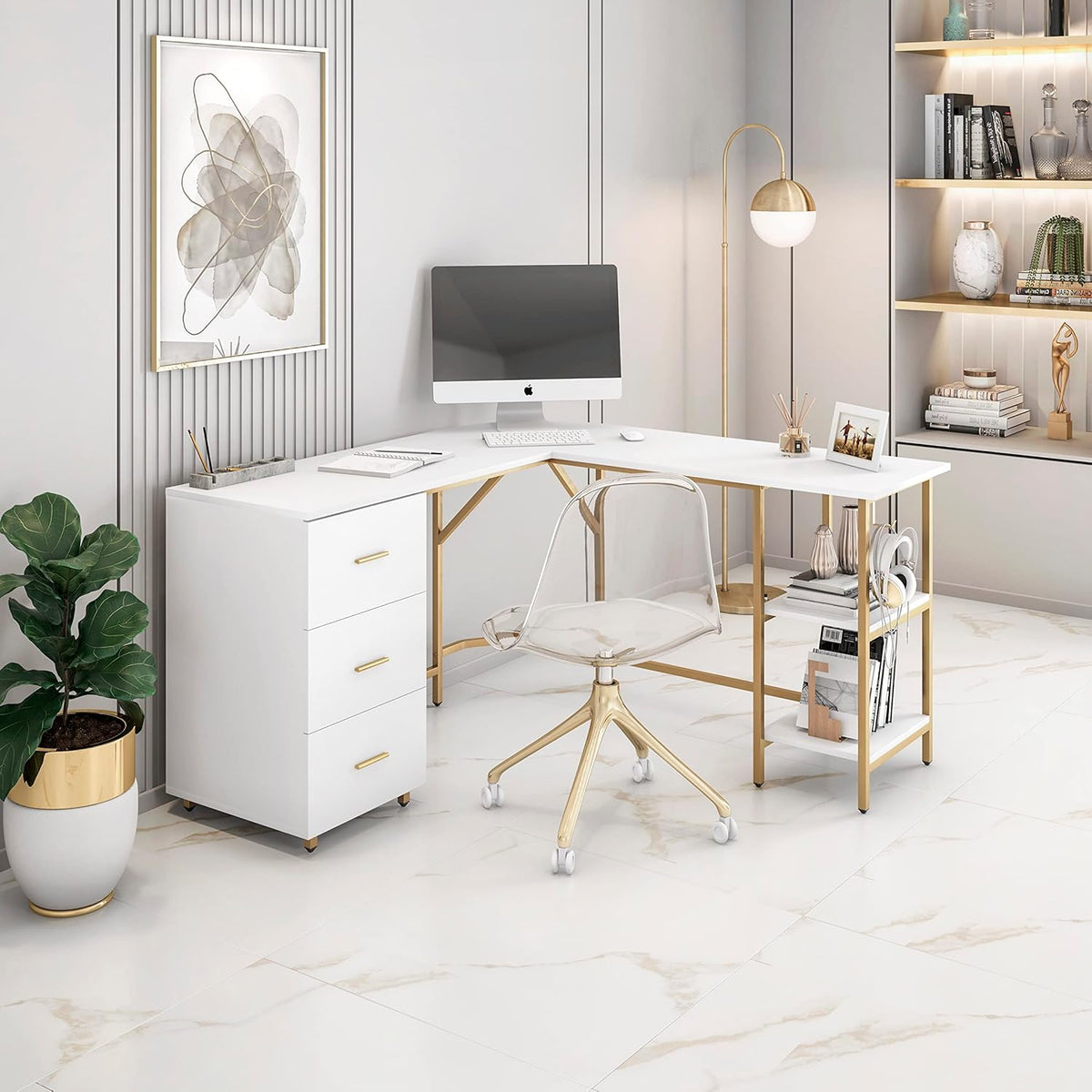 Techni Mobili L Shaped Desk - Two-Toned Computer Desk with Drawers & Storage Shelves - Simple Modern Furniture & Home Office Space Corner Table for