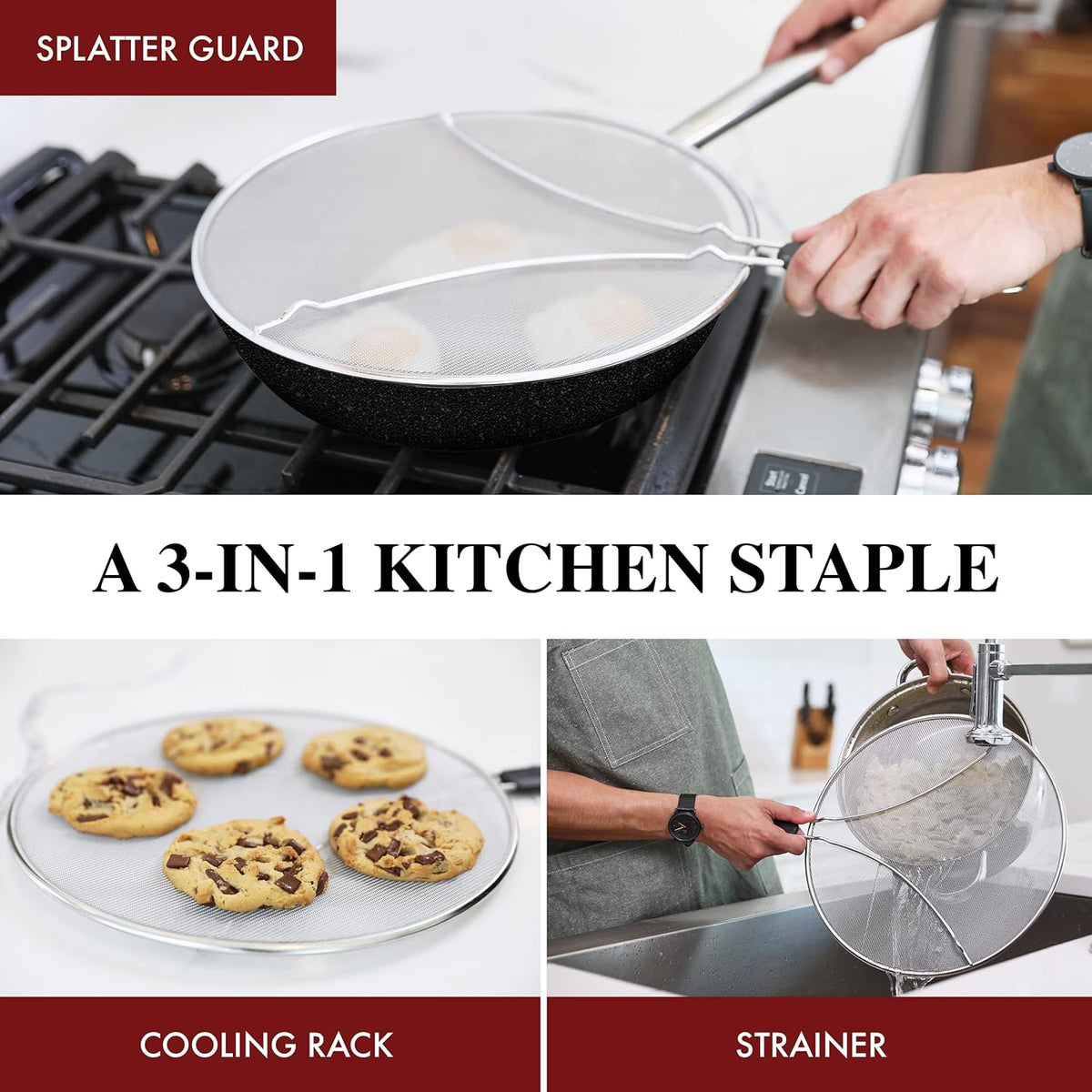 BergKoch Splatter Screen for Frying Pan - 13 Inch Stainless Steel Grease Splatter Guard - Cover Oil Splash when Sizzling Bacon, Cooking Fried Chicken