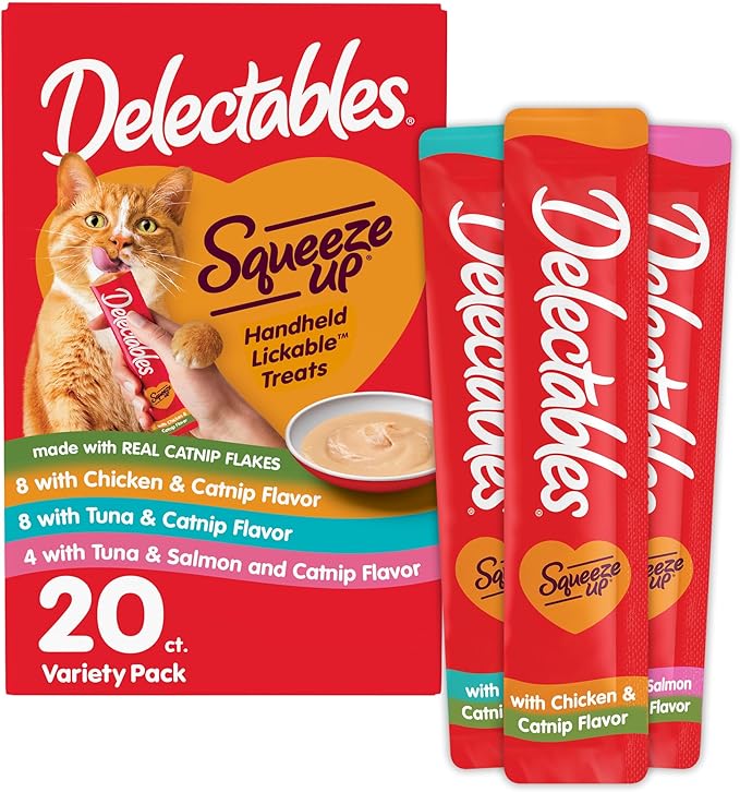 Delectables Squeeze Up Catnip Variety Pack, Creamy Squeezable Puree, Lickable Wet Cat Treats, Grain Free, No Added Fillers, No by-Products, No Added