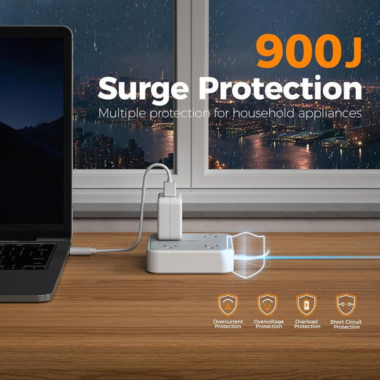 TESSAN Surge Protector Flat Extension Cord 5Ft, Flat Plug Power Strip with 4 Outlets 3 USB Ports (1 USB C), 900 Joules Protection, Multiple Wall
