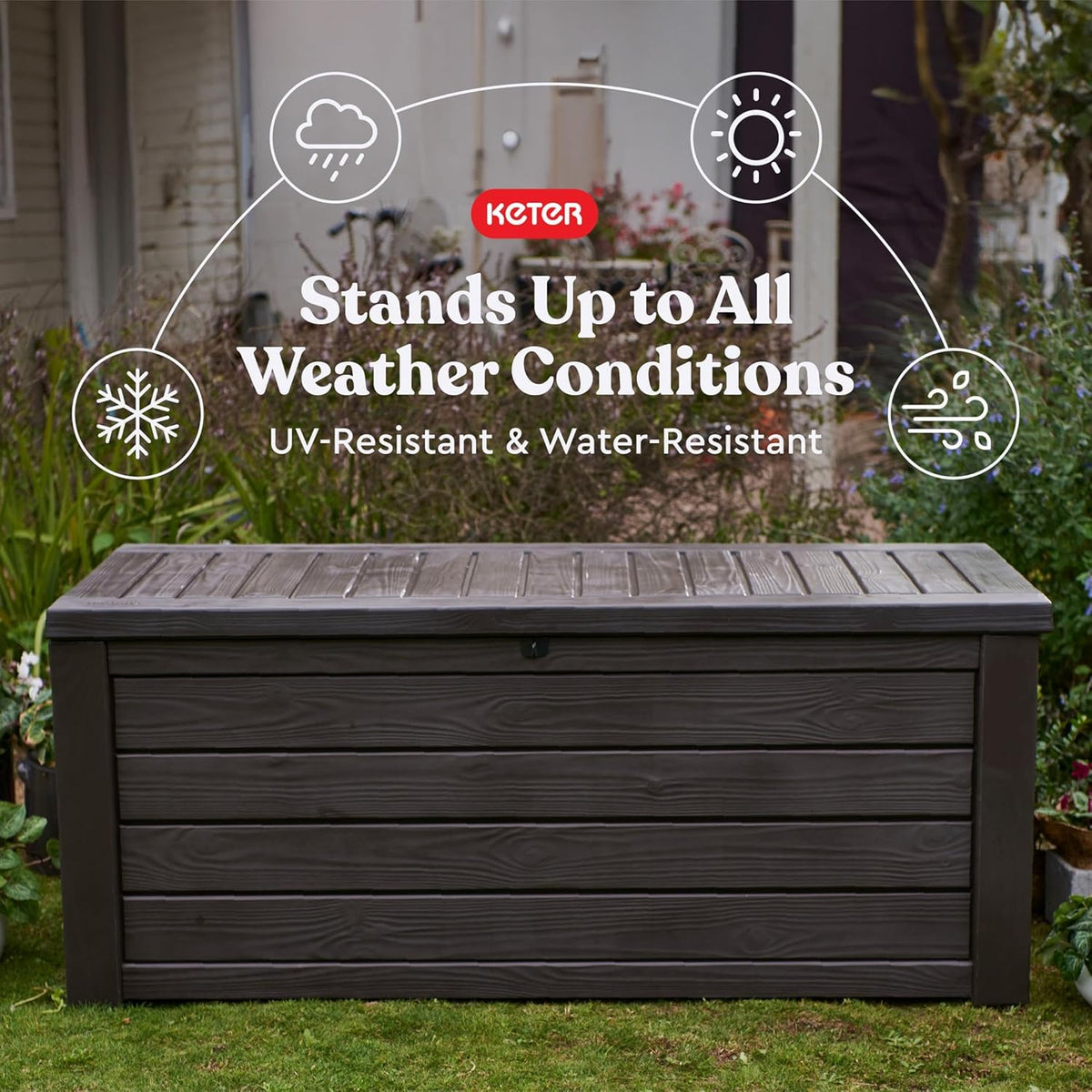 Keter Westwood 150 Gallon Deck Box Organizer, Doubles as 2-Person Bench Seat, Brown – Large Resin Outdoor Storage and Seating with Lockable Lid for