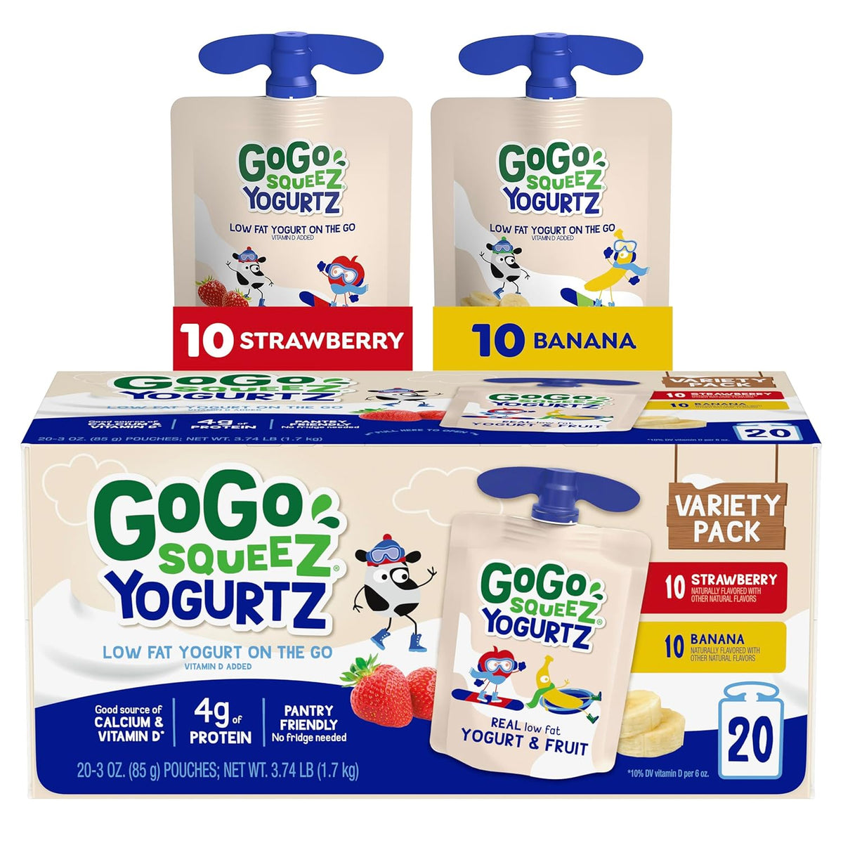 GoGo squeeZ yogurtZ Variety Pack, Strawberry & Banana, 3 oz (Pack of 20), Kids Snacks Made from Real Yogurt and Fruit, No Fridge Needed, Gluten Free