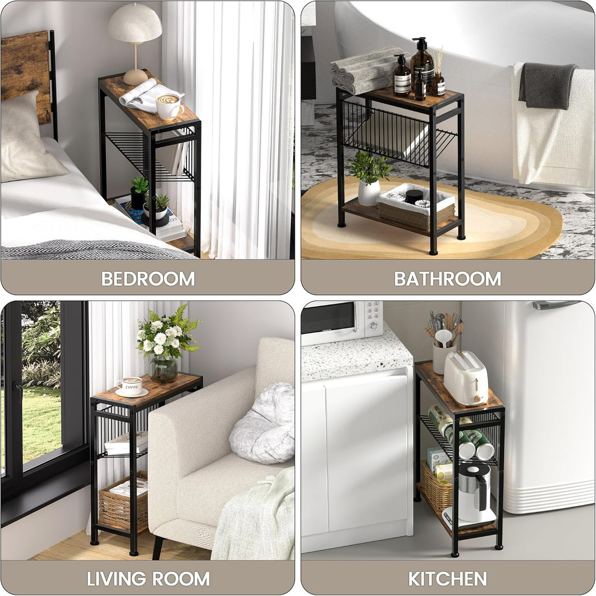 Small Side Table for Small Space, 3-Tier Narrow End Table with Magazine Holder,Slim Nightstand, Skinny Snack Couch Table in Living Room, Bedroom