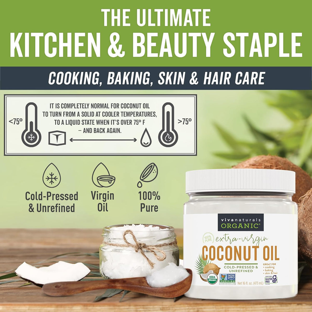Viva Naturals Organic Coconut Oil, 16 fl oz – Unrefined, Cold-Pressed Extra Virgin Coconut Oil, USDA Organic & Non-GMO, Natural Cooking Oil, Hair Oil